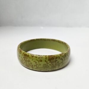 Vintage Boho Bangle Enamel Green Brown Floral Chunky Statement Bracelet